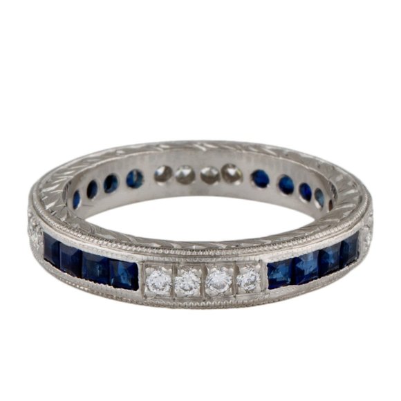 PLATINUM SAPPHIRE & DIAMOND ETERNITY BAND RING - Picture 1 of 8